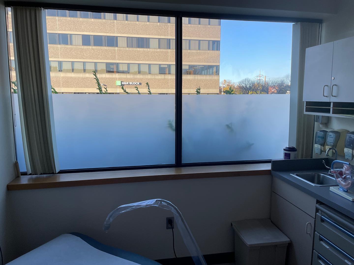 Frosted privacy film on exam room windows
