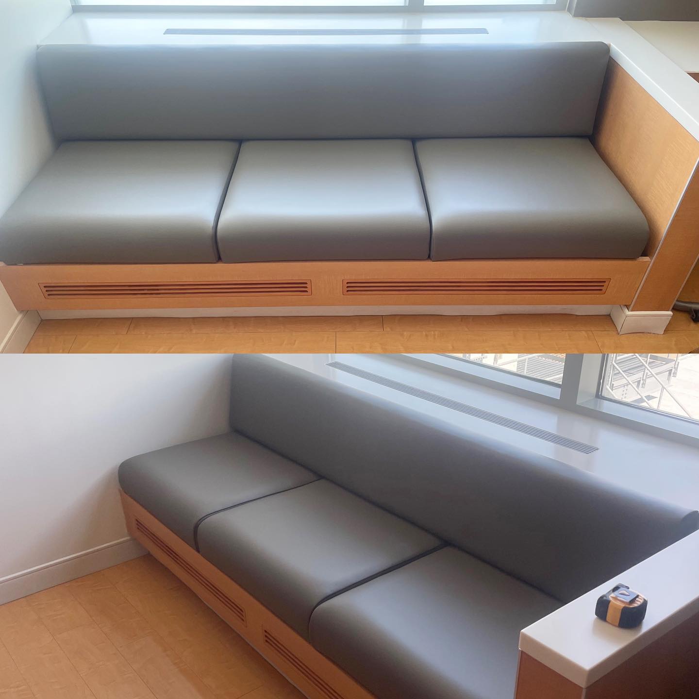 Before and after of a recovered window-seat bench